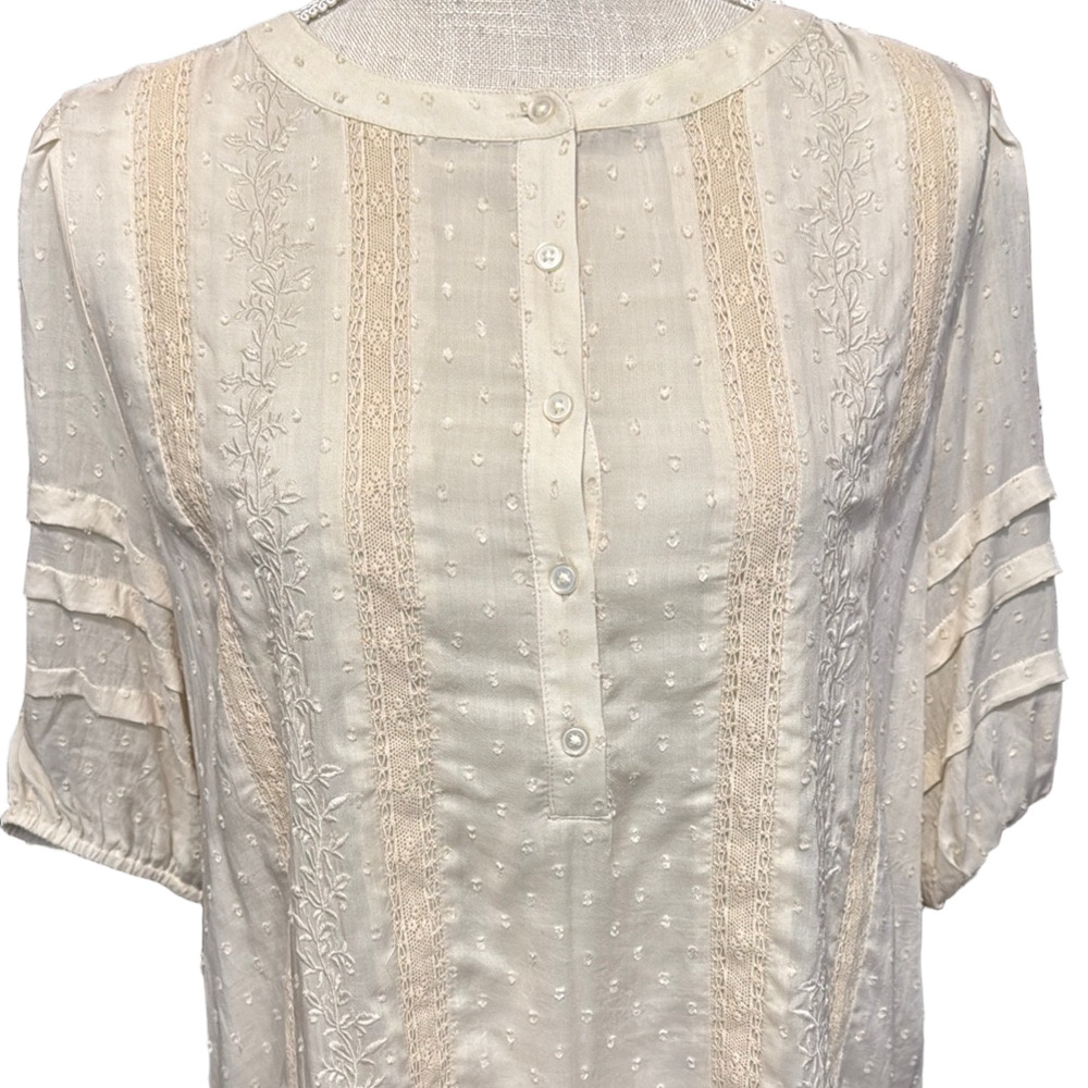 LOFT Cream Relaxed Boho Swiss-Dot Blouse with Mandarin Collar NWT - Picture 3 of 4